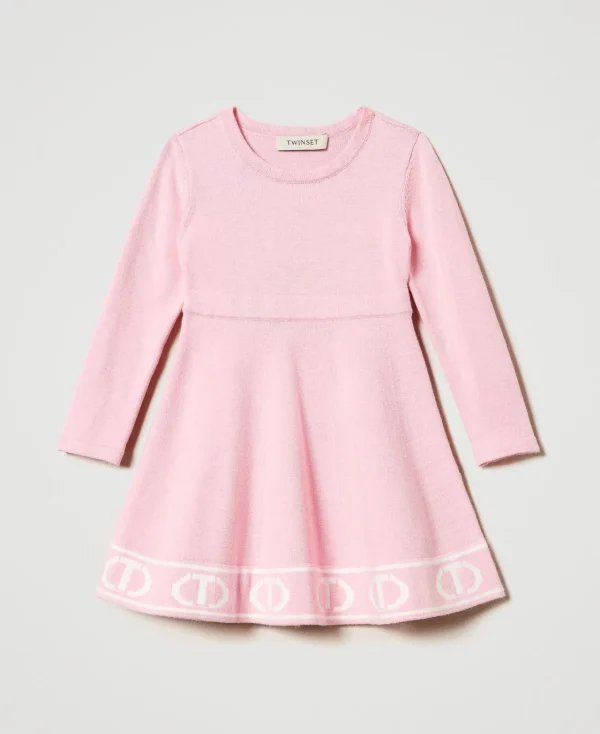 robe_courte_en_maille_ave_0-8.webp Robes*TWINSET Milano Robe Courte En Maille Avec Oval T Jacquard Bicolore Pink Orchid/Blanc Cassé