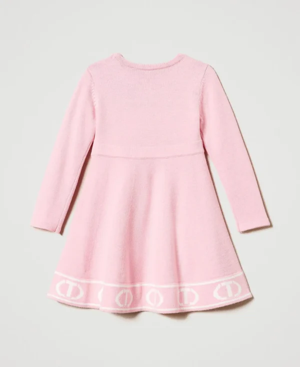 robe_courte_en_maille_ave_1-8.webp Robes*TWINSET Milano Robe Courte En Maille Avec Oval T Jacquard Bicolore Pink Orchid/Blanc Cassé