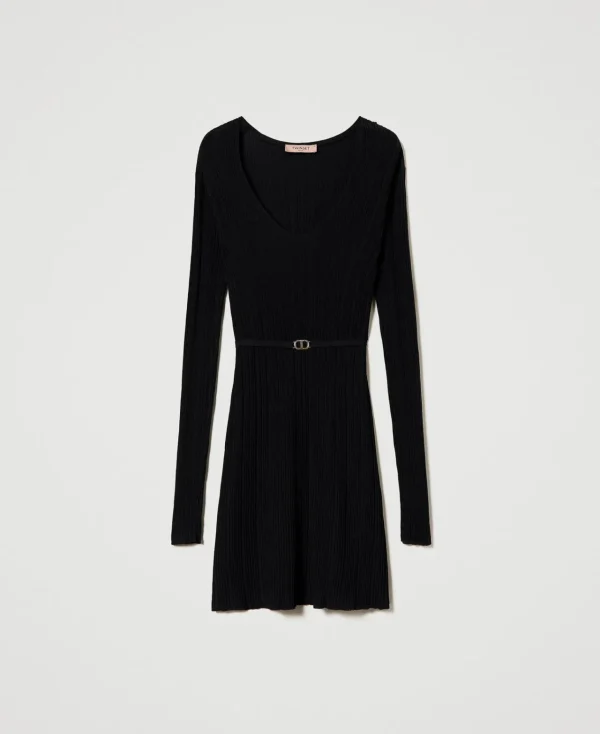 robe_courte_en_maille_cte_1.webp Robes En Maille | Robes Courtes*TWINSET Milano Robe Courte En Maille Côtelée Avec Ceinture Noir