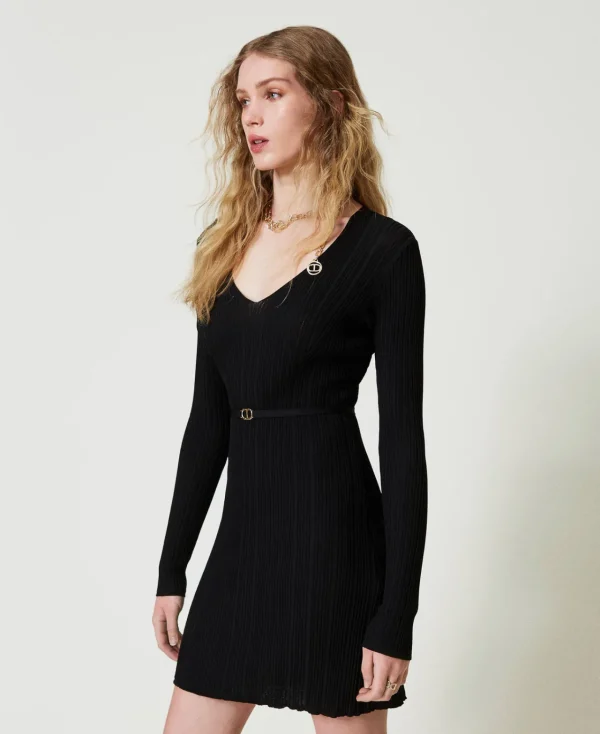 robe_courte_en_maille_cte_2.webp Robes En Maille | Robes Courtes*TWINSET Milano Robe Courte En Maille Côtelée Avec Ceinture Noir