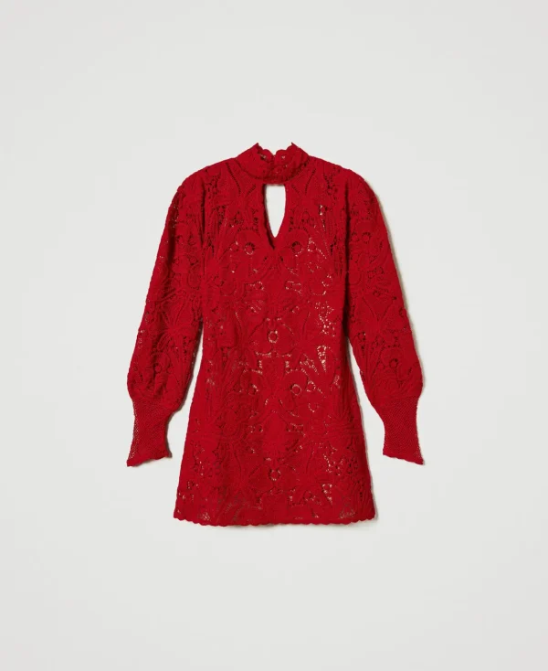 robe_courte_en_maille_flo_1.webp Robes De Cérémonie | Robes Élégantes*TWINSET Milano Robe Courte En Maille Florale Au Crochet Rouge Vénitien