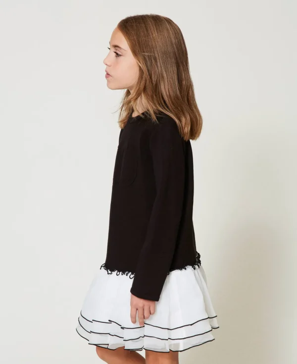 Robes*TWINSET Milano Robe Courte En Scuba Et Organza Bicolore Noir / Blanc Cassé