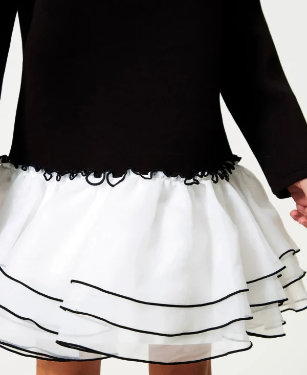 Robes*TWINSET Milano Robe Courte En Scuba Et Organza Bicolore Noir / Blanc Cassé
