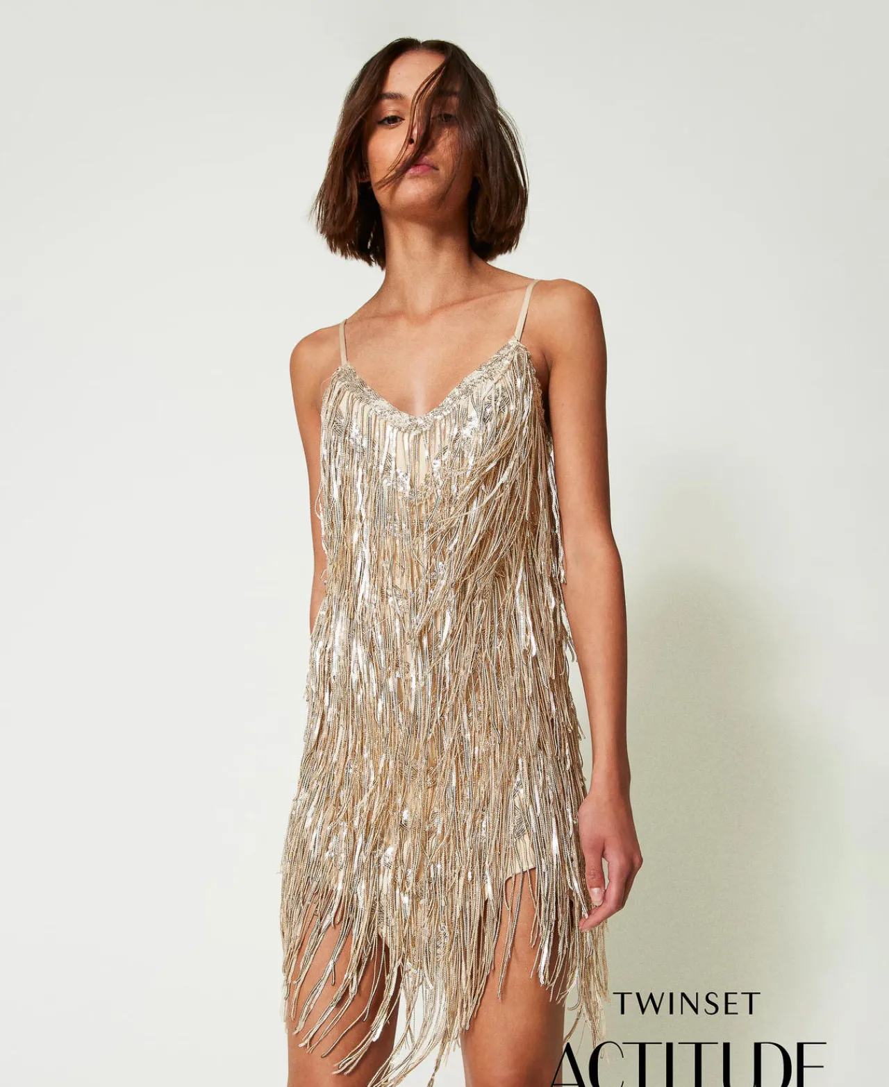 Robes De Cérémonie | Robes Élégantes*TWINSET Milano Robe Courte MYFO Avec Franges En Sequins Dull Gold