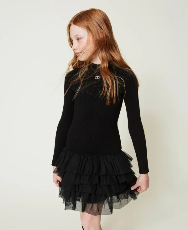 robe_en_maille_ctele_avec_0.webp Robes*TWINSET Milano Robe En Maille Côtelée Avec Tulle Noir