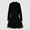 robe_en_maille_ctele_avec_1.webp Robes*TWINSET Milano Robe En Maille Côtelée Avec Tulle Noir