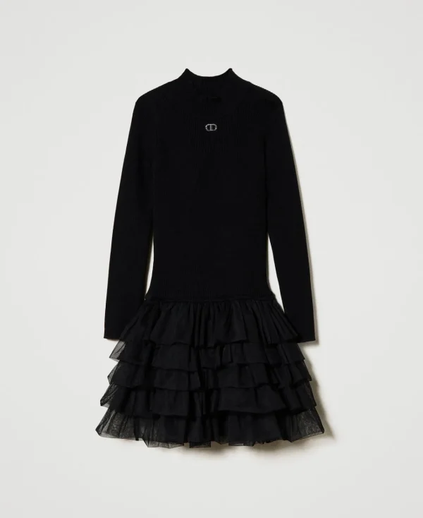 robe_en_maille_ctele_avec_1.webp Robes*TWINSET Milano Robe En Maille Côtelée Avec Tulle Noir