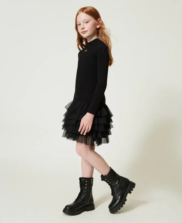 robe_en_maille_ctele_avec_2.webp Robes*TWINSET Milano Robe En Maille Côtelée Avec Tulle Noir