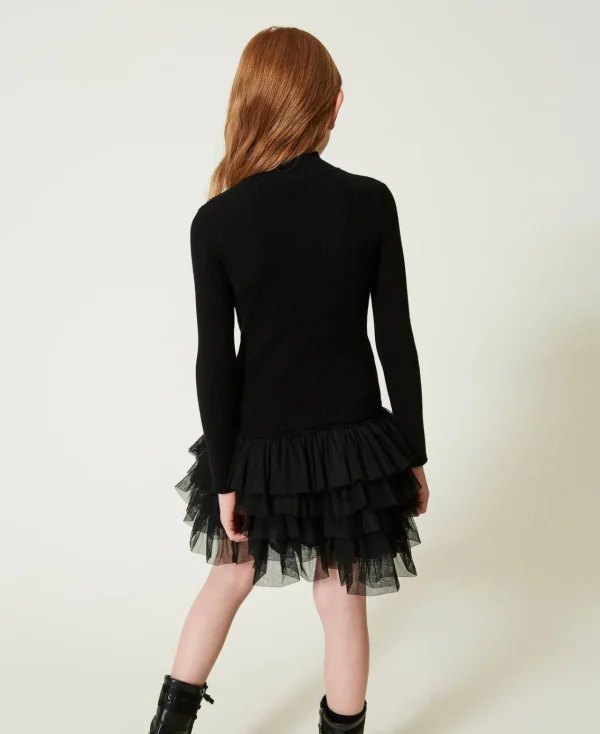 robe_en_maille_ctele_avec_3.webp Robes*TWINSET Milano Robe En Maille Côtelée Avec Tulle Noir