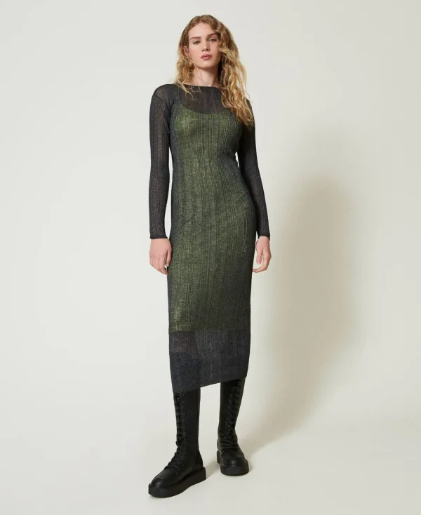 Robes En Maille | Robes Longues*TWINSET Milano Robe Longue Ajustée En Maille Côtelée Gris « Blackened Pearl »