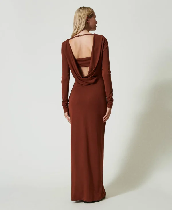 robe_longue_avec_col_drap_3.webp Robes Longues*TWINSET Milano Robe Longue Avec Col Drapé Marron « Terre de Sienne »