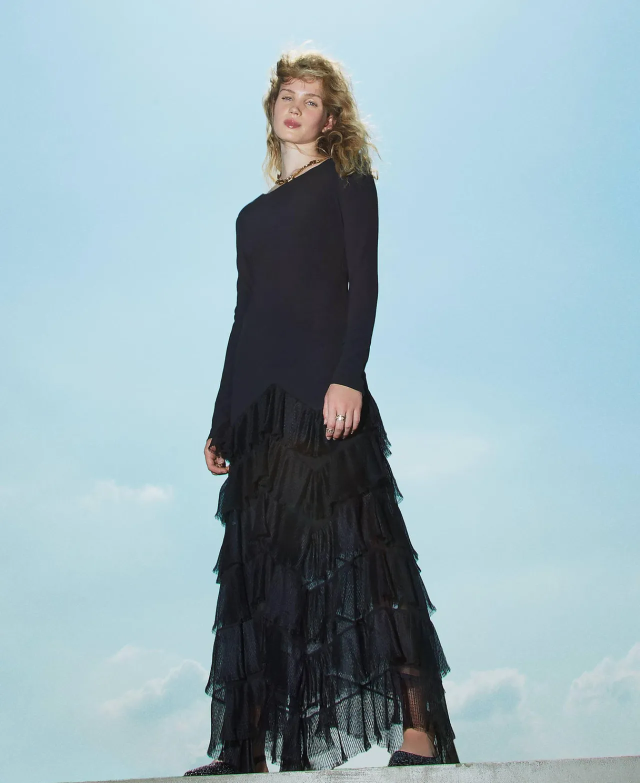 robe_longue_avec_volants__0.webp Robes De Cérémonie | Robes Élégantes*TWINSET Milano Robe Longue Avec Volants Plissés En Tulle Noir