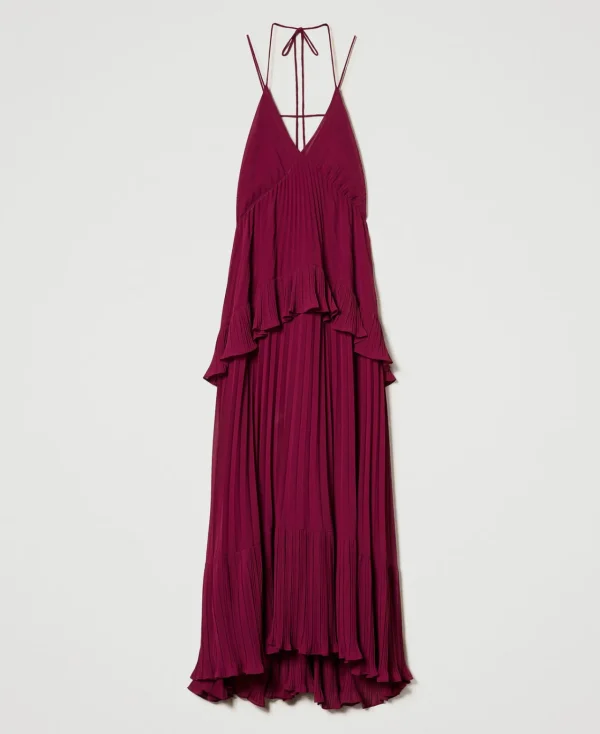 robe_longue_en_crpe_georg_1-1.webp Robes De Cérémonie | Robes Élégantes*TWINSET Milano Robe Longue En Crêpe Georgette Plissé Violet « Prune Rouge »