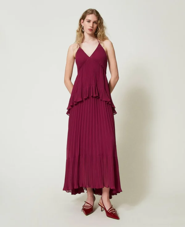 robe_longue_en_crpe_georg_2-1.webp Robes De Cérémonie | Robes Élégantes*TWINSET Milano Robe Longue En Crêpe Georgette Plissé Violet « Prune Rouge »