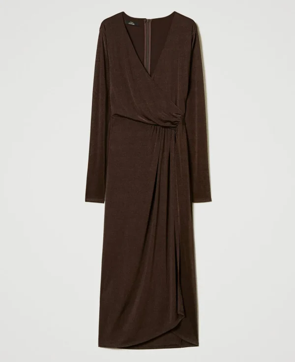 robe_longue_en_jersey_ave_1.webp Robes Longues*TWINSET Milano Robe Longue En Jersey Avec Drapé Latéral Marron « Molè »