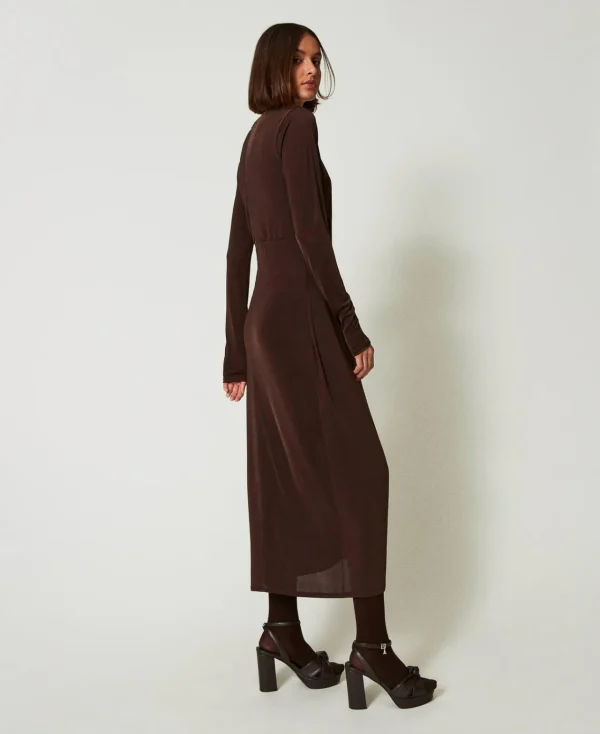 robe_longue_en_jersey_ave_2.webp Robes Longues*TWINSET Milano Robe Longue En Jersey Avec Drapé Latéral Marron « Molè »