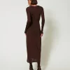 robe_longue_en_jersey_ave_3.webp Robes Longues*TWINSET Milano Robe Longue En Jersey Avec Drapé Latéral Marron « Molè »