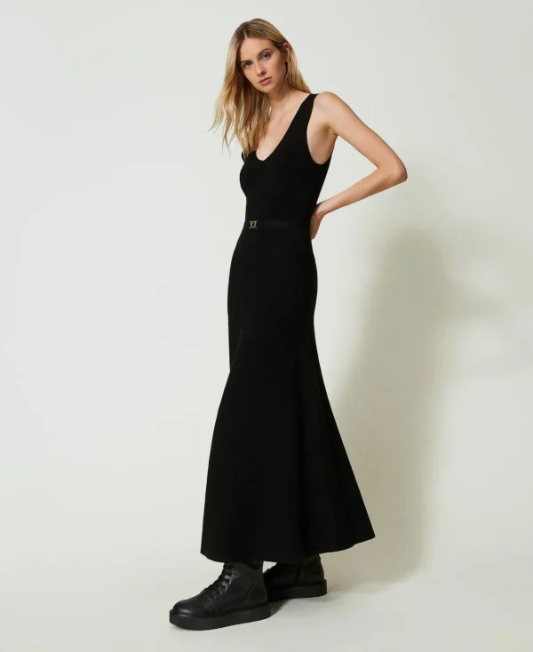robe_longue_en_maille_ave_0-2.webp Robes En Maille | Robes Longues*TWINSET Milano Robe Longue En Maille Avec Ceinture Noir