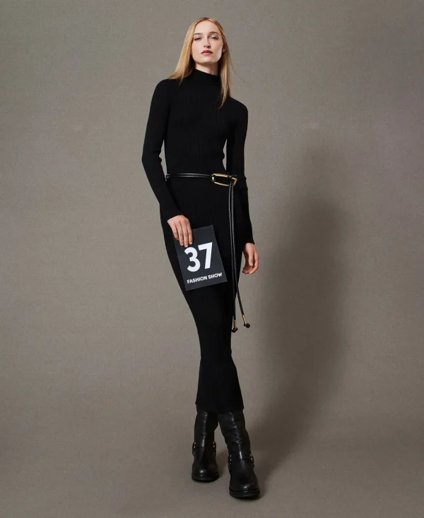 robe_longue_en_maille_ave_0.webp Robes En Maille | Robes Longues*TWINSET Milano Robe Longue En Maille Avec Ajour Noir