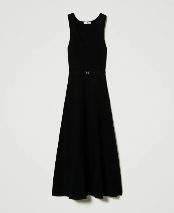 robe_longue_en_maille_ave_1-2.webp Robes En Maille | Robes Longues*TWINSET Milano Robe Longue En Maille Avec Ceinture Noir
