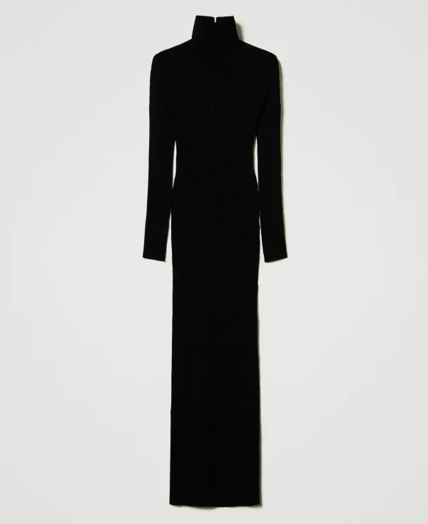 robe_longue_en_maille_ave_1.webp Robes En Maille | Robes Longues*TWINSET Milano Robe Longue En Maille Avec Ajour Noir