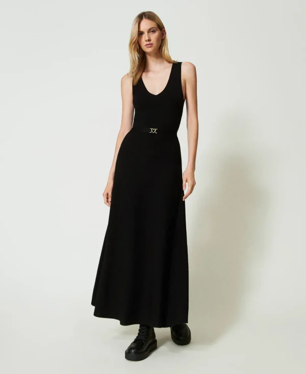robe_longue_en_maille_ave_2-2.webp Robes En Maille | Robes Longues*TWINSET Milano Robe Longue En Maille Avec Ceinture Noir