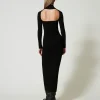 robe_longue_en_maille_ave_4.webp Robes En Maille | Robes Longues*TWINSET Milano Robe Longue En Maille Avec Ajour Noir