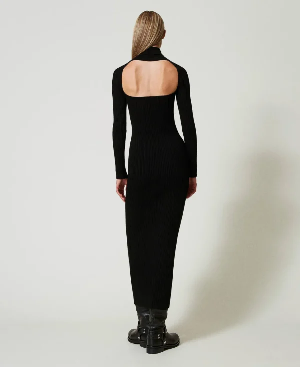 robe_longue_en_maille_ave_4.webp Robes En Maille | Robes Longues*TWINSET Milano Robe Longue En Maille Avec Ajour Noir