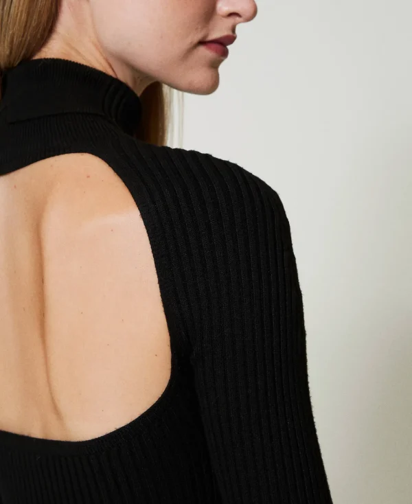 robe_longue_en_maille_ave_5.webp Robes En Maille | Robes Longues*TWINSET Milano Robe Longue En Maille Avec Ajour Noir