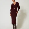 Robes En Maille | Robes Longues*TWINSET Milano Robe Longue En Maille Côtelée Avec Ceinture Rouge « Plum Wine »
