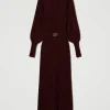 Robes En Maille | Robes Longues*TWINSET Milano Robe Longue En Maille Côtelée Avec Ceinture Rouge « Plum Wine »