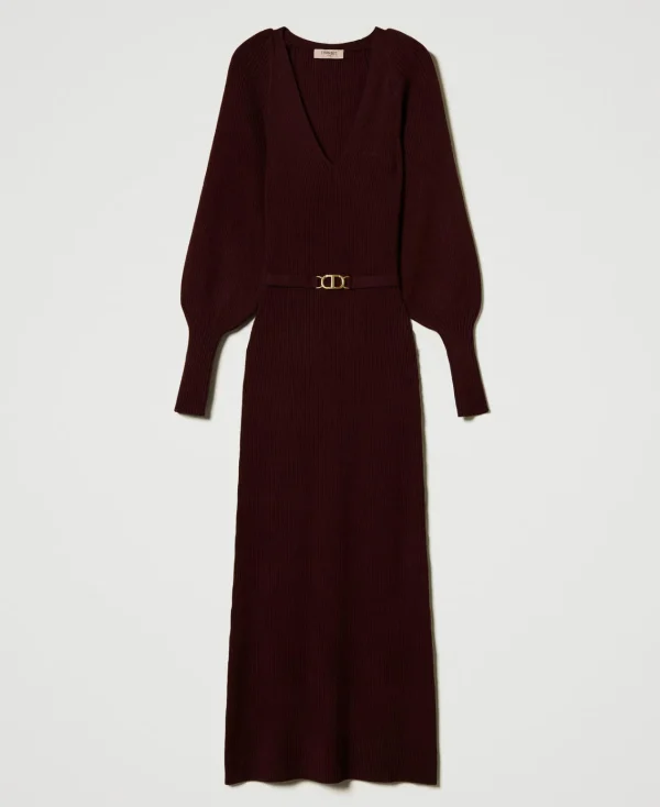 Robes En Maille | Robes Longues*TWINSET Milano Robe Longue En Maille Côtelée Avec Ceinture Rouge « Plum Wine »