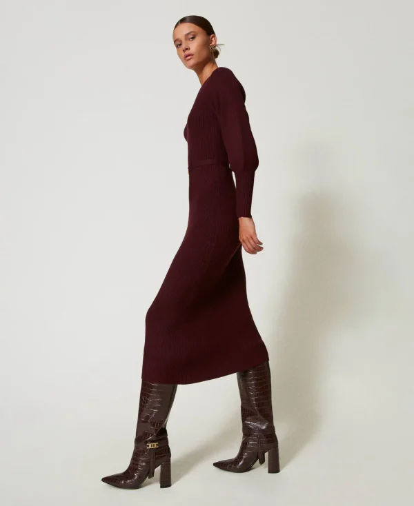 Robes En Maille | Robes Longues*TWINSET Milano Robe Longue En Maille Côtelée Avec Ceinture Rouge « Plum Wine »