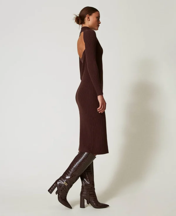 Robes En Maille | Robes Longues*TWINSET Milano Robe Longue En Maille Côtelée Avec Ouverture Coffee Chocolate