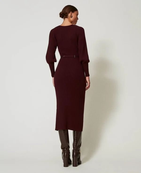 Robes En Maille | Robes Longues*TWINSET Milano Robe Longue En Maille Côtelée Avec Ceinture Rouge « Plum Wine »