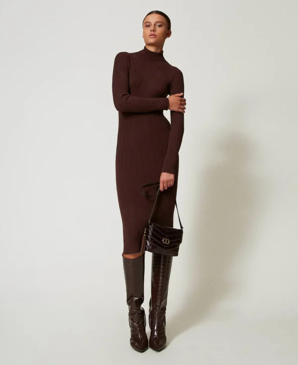 Robes En Maille | Robes Longues*TWINSET Milano Robe Longue En Maille Côtelée Avec Ouverture Coffee Chocolate