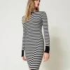 Robes En Maille | Robes Longues*TWINSET Milano Robe Longue En Maille Rayée Bicolore Noir/Blanc Neige