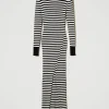 robe_longue_en_maille_ray_1.webp Robes En Maille | Robes Longues*TWINSET Milano Robe Longue En Maille Rayée Bicolore Noir/Blanc Neige