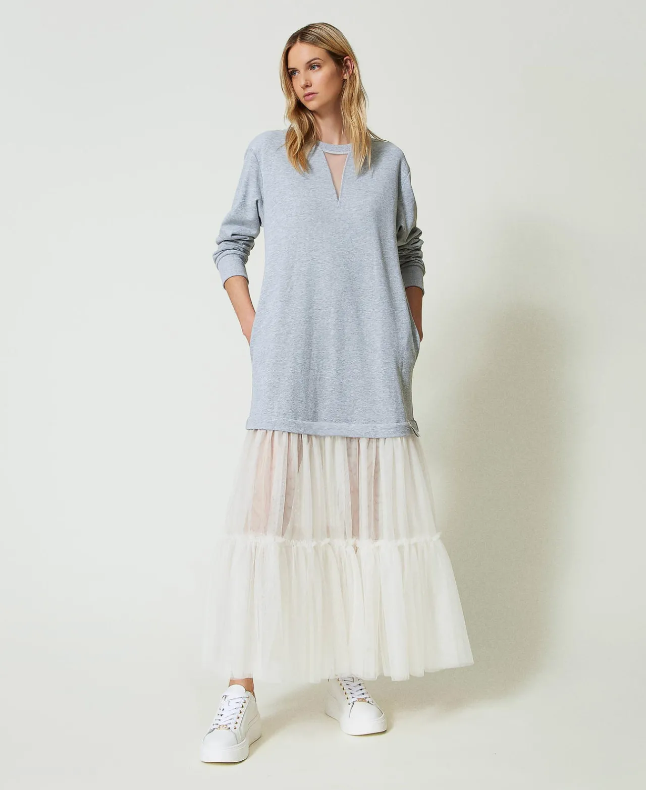 Robes Longues*TWINSET Milano Robe Longue En Molleton Et Tulle Bicolore Gris Chiné Moyen/Nacre