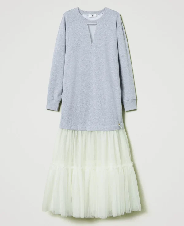 robe_longue_en_molleton_e_1.webp Robes Longues*TWINSET Milano Robe Longue En Molleton Et Tulle Bicolore Gris Chiné Moyen/Nacre