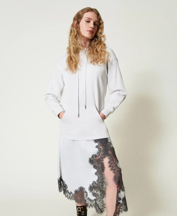robe_longue_en_molleton_e_2-1.webp Robes Longues*TWINSET Milano Robe Longue En Molleton Et Satin Bicolore Argent/Gris « Blackened Pearl »