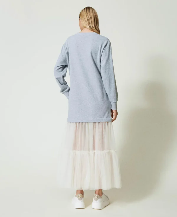 robe_longue_en_molleton_e_3.webp Robes Longues*TWINSET Milano Robe Longue En Molleton Et Tulle Bicolore Gris Chiné Moyen/Nacre