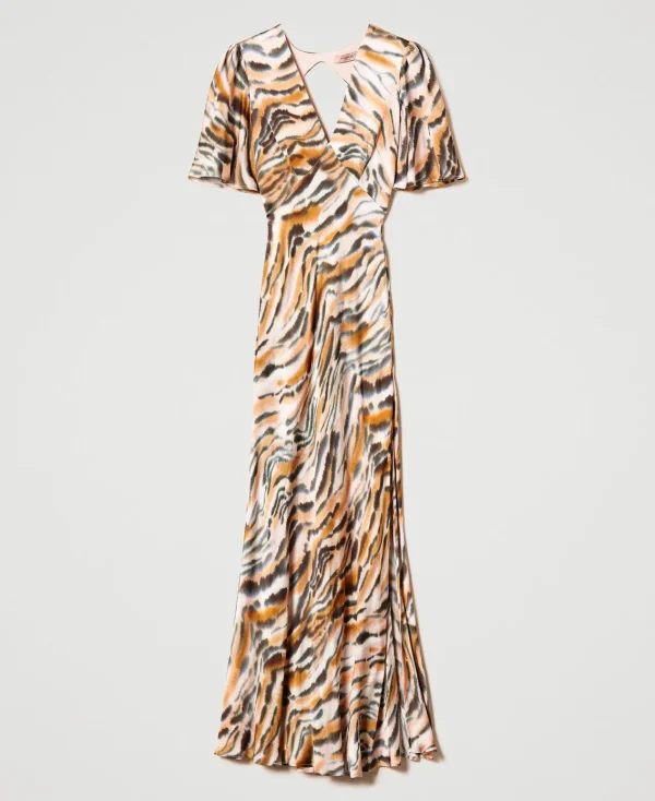 robe_longue_en_satin_anim_1.webp Robes De Cérémonie | Robes Élégantes*TWINSET Milano Robe Longue En Satin Animalier Imprimé Tigre Orange « Tanné »/Noir