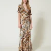 robe_longue_en_satin_anim_2.webp Robes De Cérémonie | Robes Élégantes*TWINSET Milano Robe Longue En Satin Animalier Imprimé Tigre Orange « Tanné »/Noir