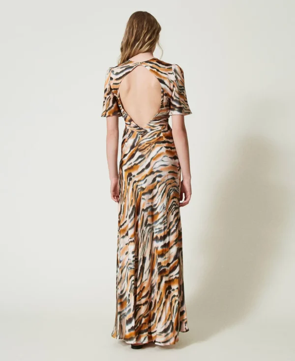robe_longue_en_satin_anim_3.webp Robes De Cérémonie | Robes Élégantes*TWINSET Milano Robe Longue En Satin Animalier Imprimé Tigre Orange « Tanné »/Noir