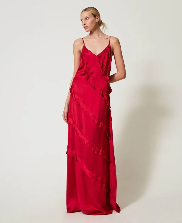 robe_longue_en_satin_avec_0.webp Robes Élégantes | Robes Longues*TWINSET Milano Robe Longue En Satin Avec Volants Rouge Vénitien