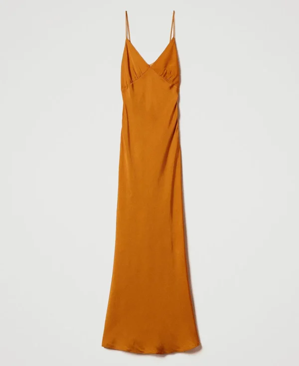 robe_longue_en_satin_avec_1-3.webp Robes De Cérémonie | Robes Élégantes*TWINSET Milano Robe Longue En Satin Avec Bretelles Spaghetti Orange « Tanné »