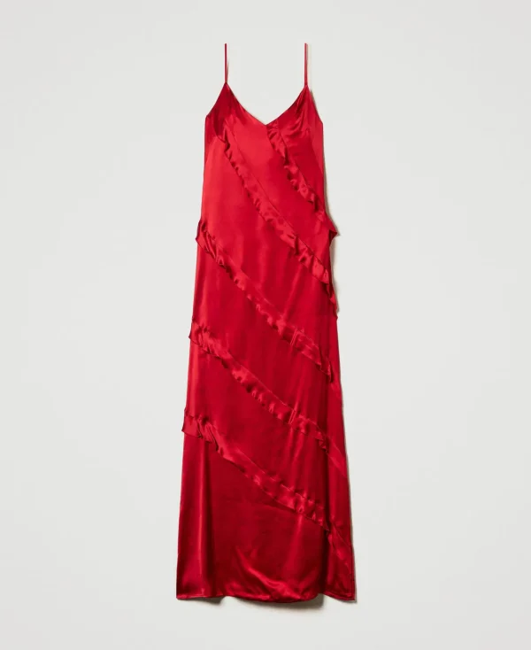 robe_longue_en_satin_avec_1.webp Robes Élégantes | Robes Longues*TWINSET Milano Robe Longue En Satin Avec Volants Rouge Vénitien