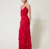 robe_longue_en_satin_avec_2.webp Robes Élégantes | Robes Longues*TWINSET Milano Robe Longue En Satin Avec Volants Rouge Vénitien