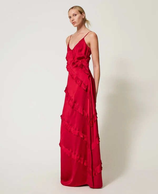 robe_longue_en_satin_avec_2.webp Robes Élégantes | Robes Longues*TWINSET Milano Robe Longue En Satin Avec Volants Rouge Vénitien